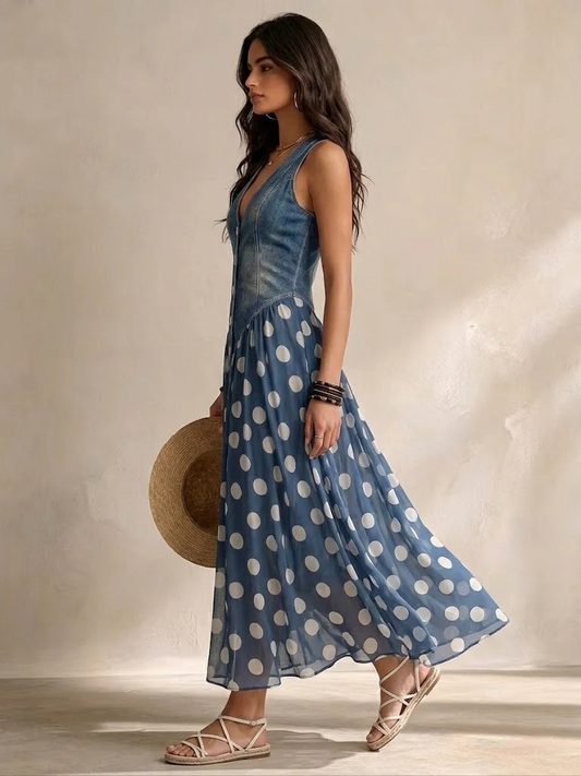 Adeline | Vestido Largo Vaquero de Lunares