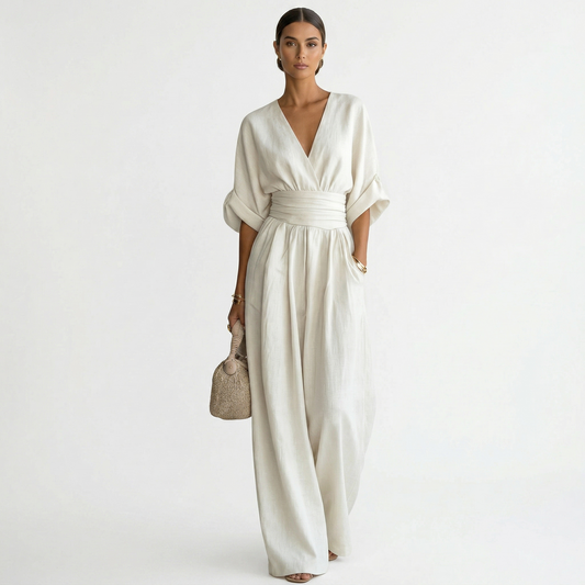 Melisa | Mono Largo Elegante de Lino Mujer Escote V Cinturón