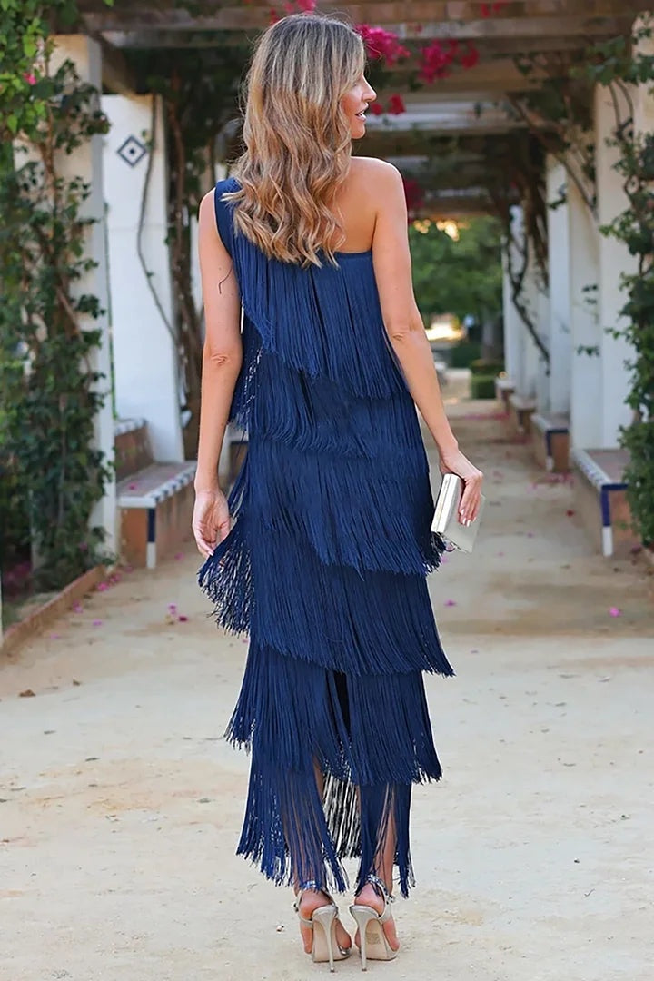 Renata | Vestido Largo Elegante Asimétrico de Un Hombro Mujer Flecos