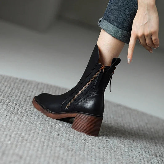 Lotte | Botines de Piel con Tacón de Bloque Mujer Cremallera Lateral