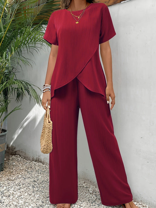 Casilda | Conjunto Fresco de Dos Piezas Mujer Pantalón Pierna Ancha Plisado