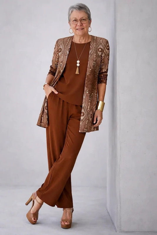Sheila | Conjunto de 3 Piezas Estampado Tropical Mujer Pantalón Recto