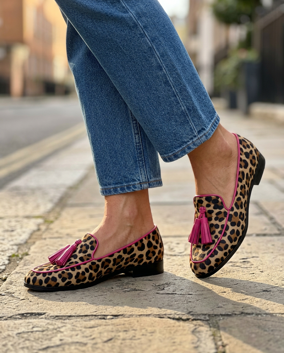 Emilia | Mocasines Planos de Leopardo con Ribete y Borlas Fucsia