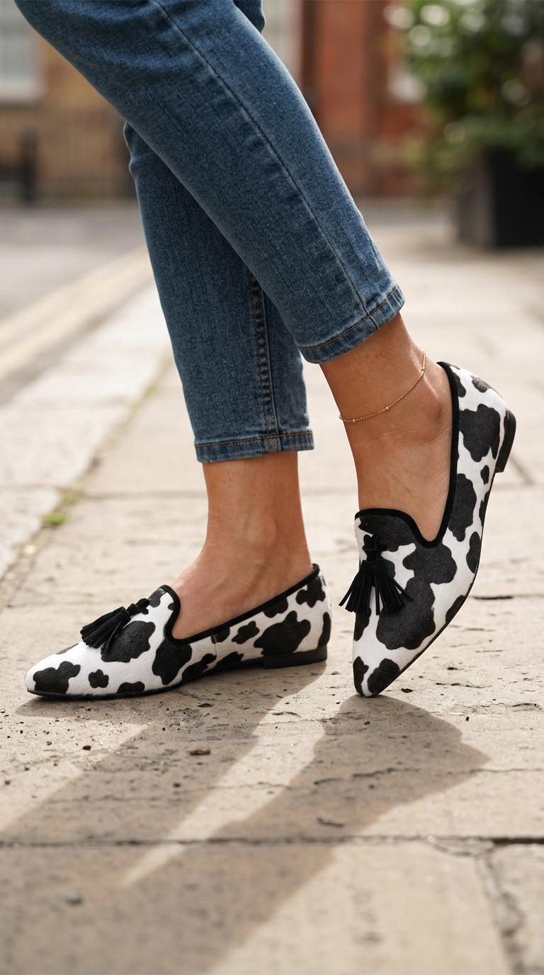 Valentina | Mocasines de Punta Fina con Estampado de Vaca y Borlas Negras