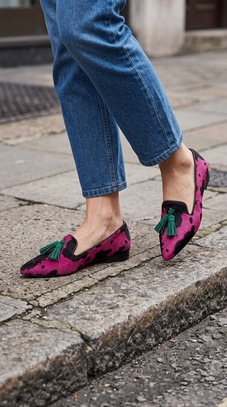 Clara | Mocasines de Punta Fina Estampado de Vaca Fucsia con Borlas Verdes