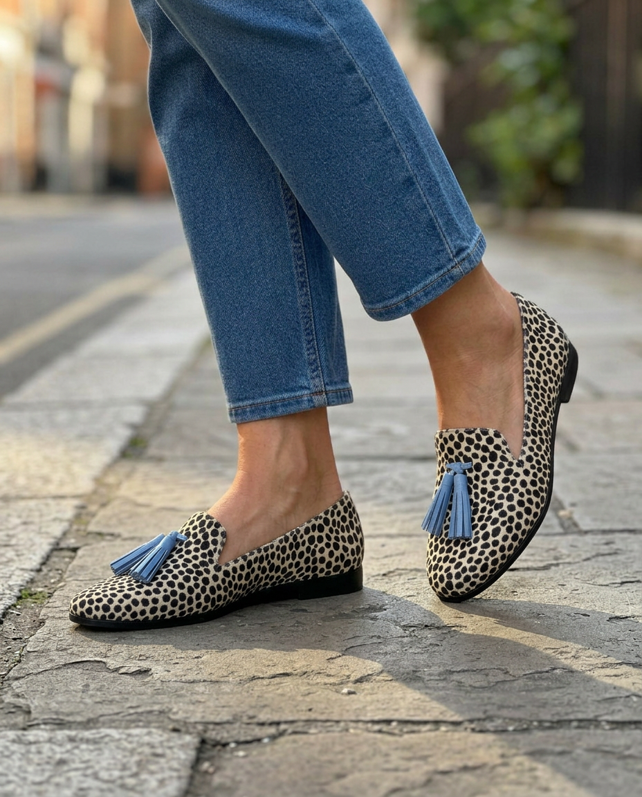 Candela | Mocasines de Leopardo Blanco y Negro con Borlas Celestes