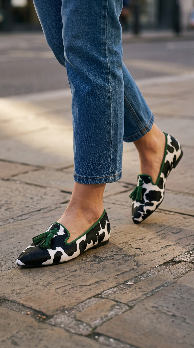 Jimena | Mocasines de Punta Fina con Estampado de Vaca y Borlas Verdes