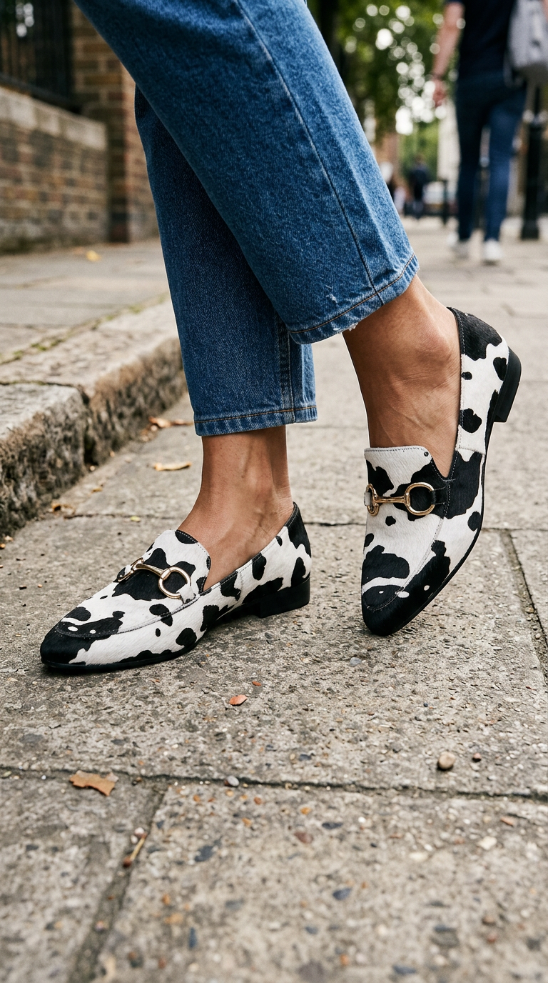 Elisa | Mocasines Planos de Punta Fina con Estampado de Vaca y Detalle Dorado