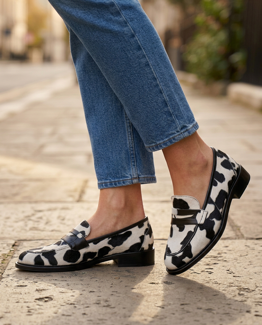 Paloma | Mocasines Estampado de Vaca con Antifaz y Tacón Bajo