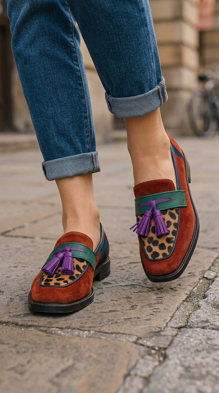 Esperanza | Mocasines de Ante Teja con Inserto de Leopardo y Borlas