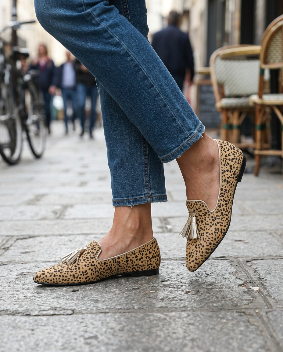 Marisol | Mocasines de Punta Fina con Estampado de Guepardo y Borlas Doradas