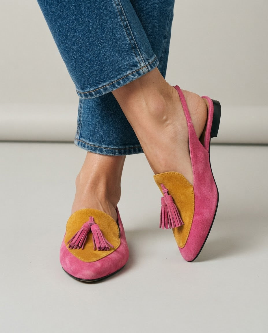 Dolores | Zapatos Slingback Planos en Fucsia y Mostaza con Borlas