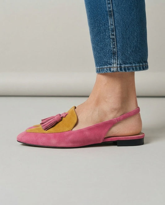 Dolores | Zapatos Slingback Planos en Fucsia y Mostaza con Borlas