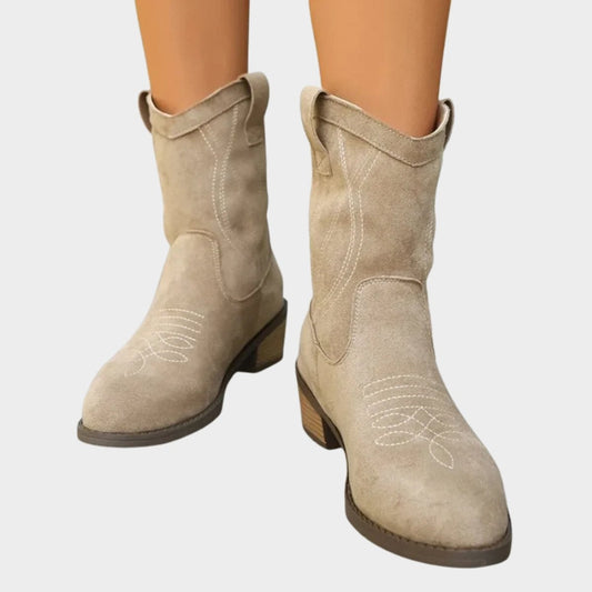 Magdalena | Botines Cowboy Mujer de Ante Bordados Tacón Bloque