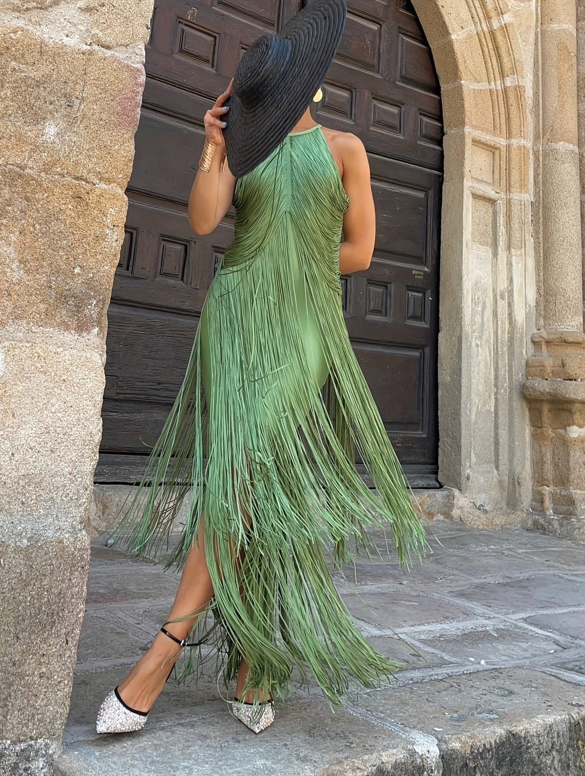 Irma | Vestido de Fiesta Largo con Flecos Mujer Cuello Halter