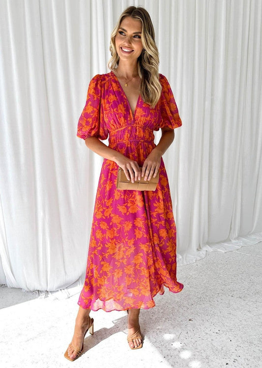 Herminia | Vestido Largo de Invitada de Boda Estampado Mujer Escote V