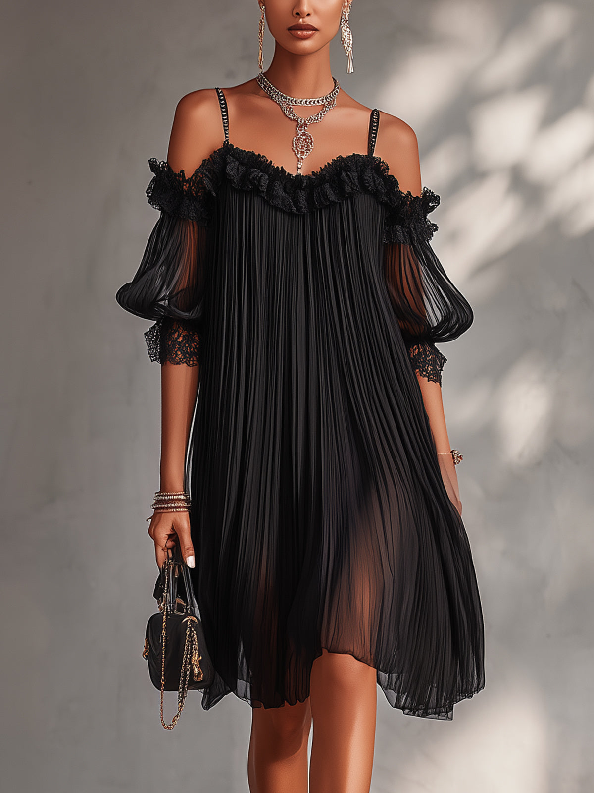 Vestido con Hombros Descubiertos y Bordes en Encaje