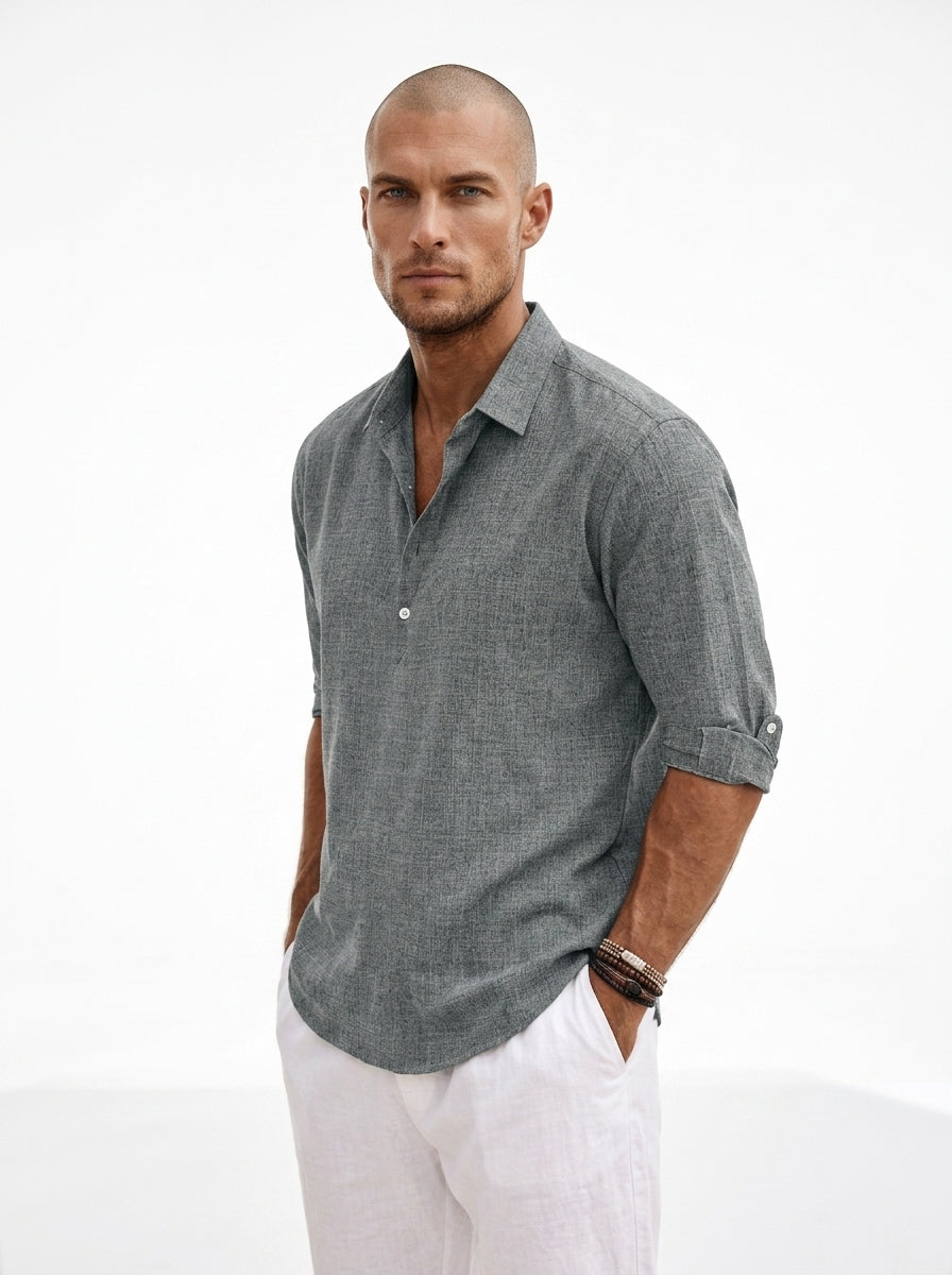 DELACROIX - Camisa de lino de manga larga para hombre