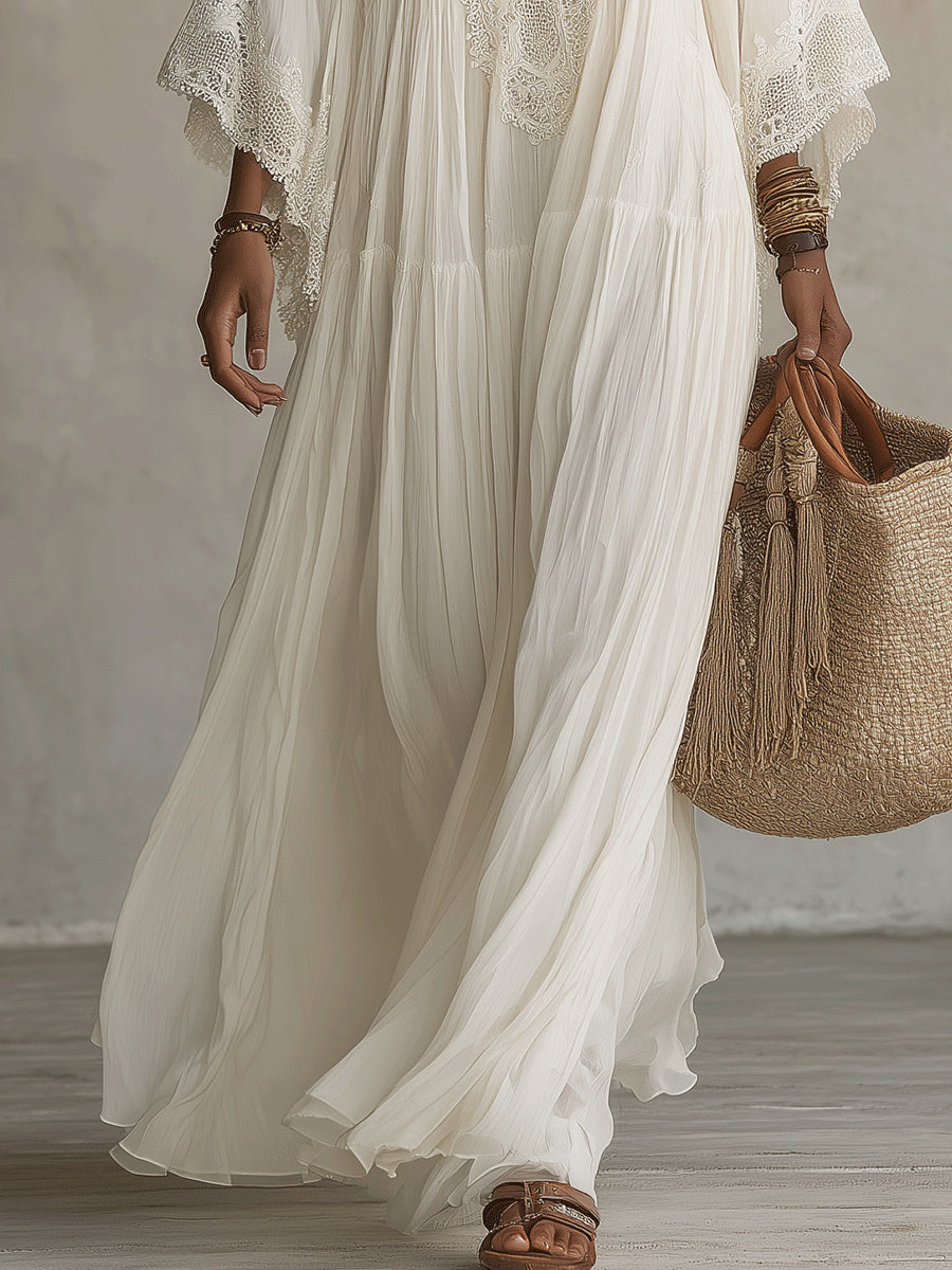Celeste | Vestido Largo de Gasa con Encaje Blanco