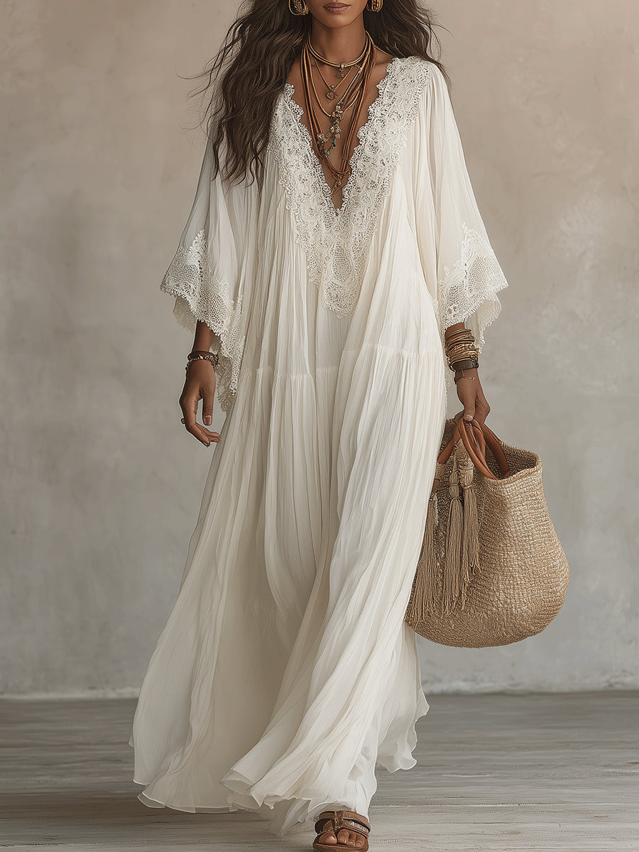 Celeste | Vestido Largo de Gasa con Encaje Blanco