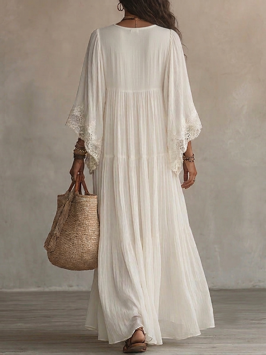Celeste | Vestido Largo de Gasa con Encaje Blanco