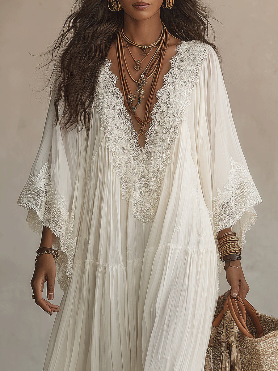 Celeste | Vestido Largo de Gasa con Encaje Blanco