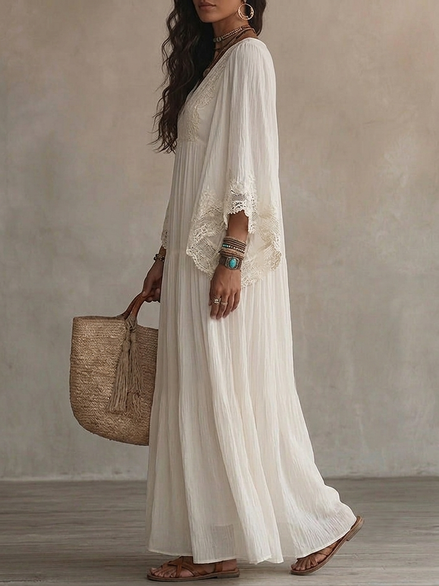 Celeste | Vestido Largo de Gasa con Encaje Blanco