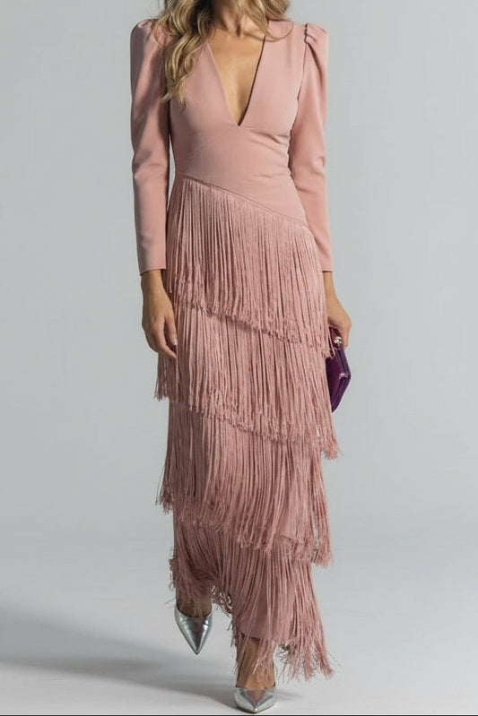 Mirta | Vestido Largo de Invitada Boda Invierno Mujer Manga Larga Flecos