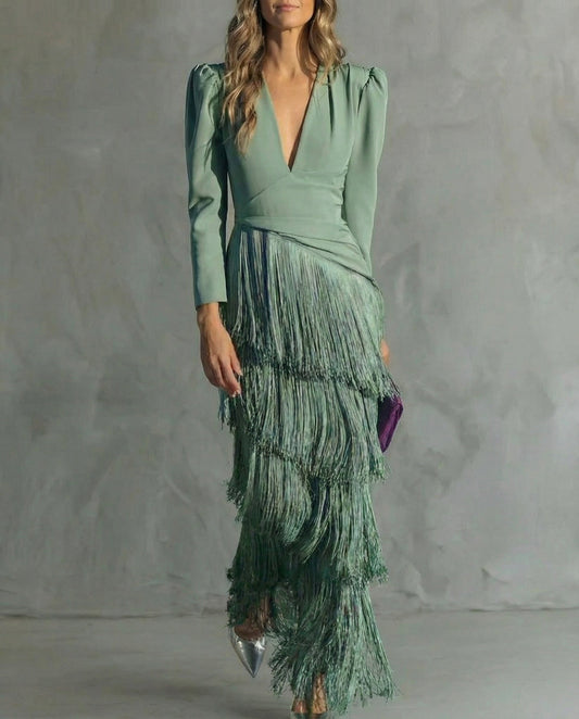 Mirta | Vestido Largo de Invitada Boda Invierno Mujer Manga Larga Flecos