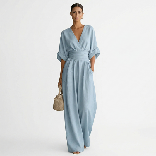 Melisa | Mono Largo Elegante de Lino Mujer Escote V Cinturón