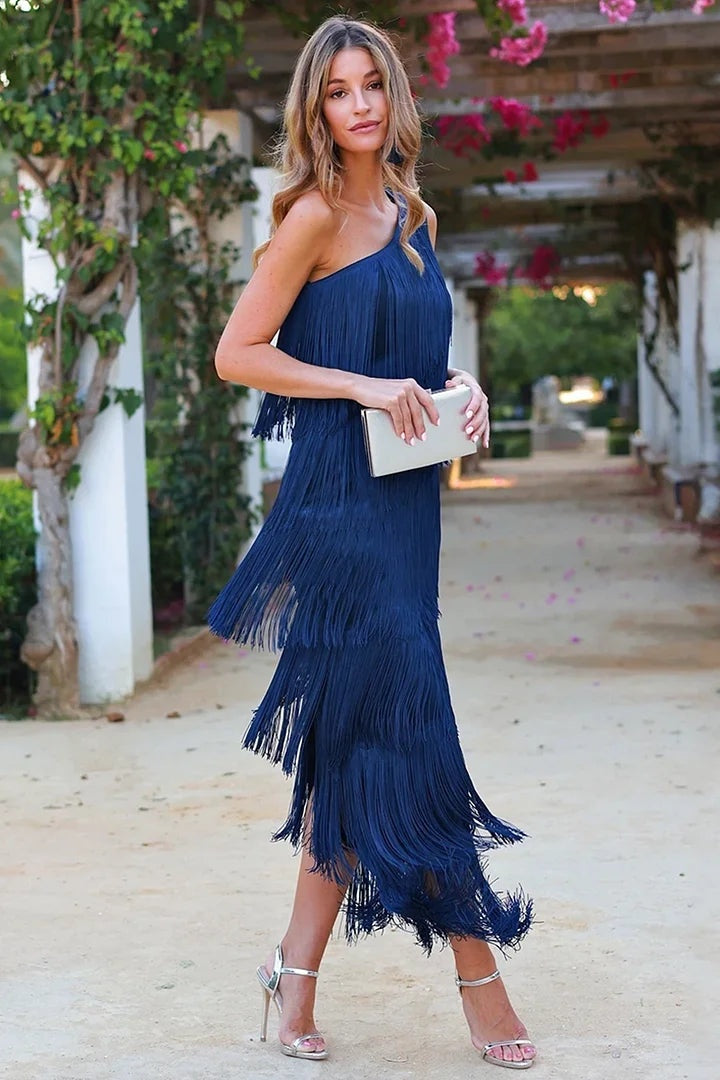 Renata | Vestido Largo Elegante Asimétrico de Un Hombro Mujer Flecos
