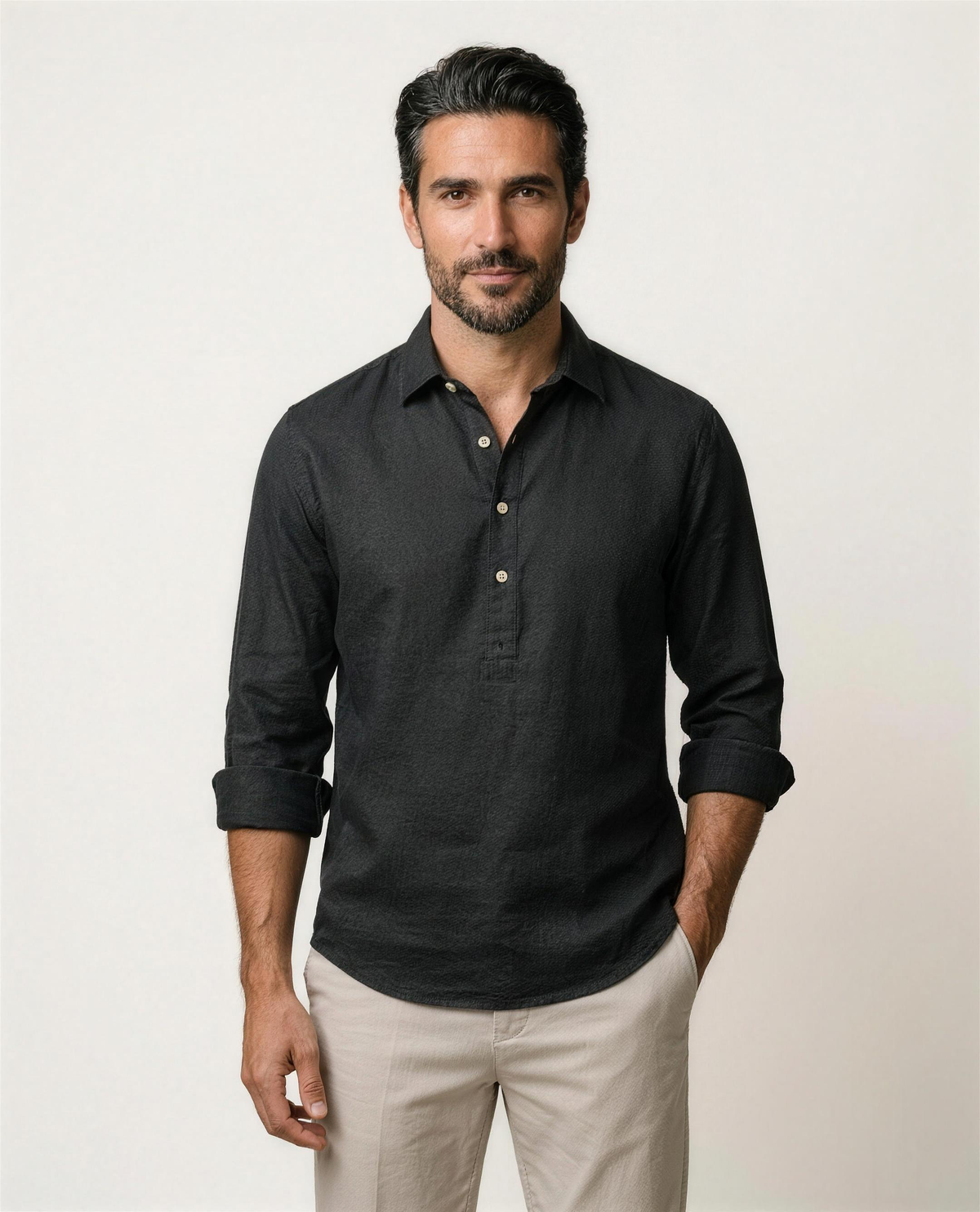 DELACROIX - Camisa de lino de manga larga para hombre