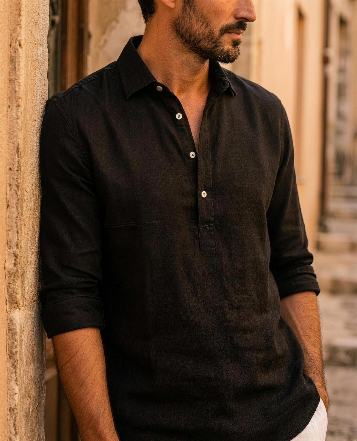 DELACROIX - Camisa de lino de manga larga para hombre