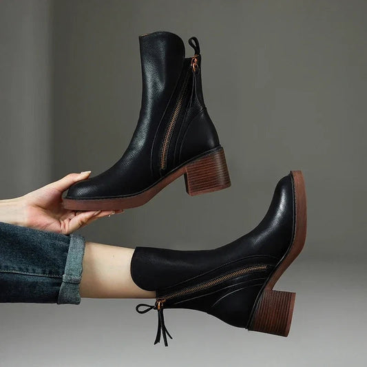 Lotte | Botines de Piel con Tacón de Bloque Mujer Cremallera Lateral