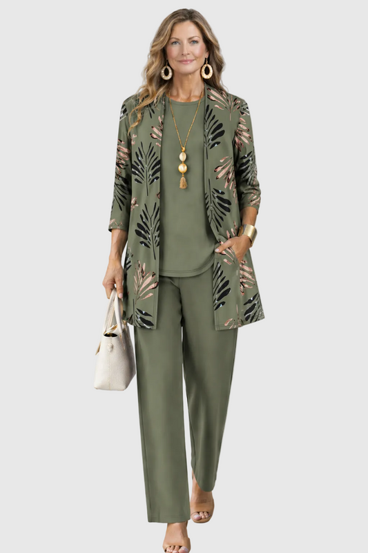 Sheila | Conjunto de 3 Piezas Estampado Tropical Mujer Pantalón Recto