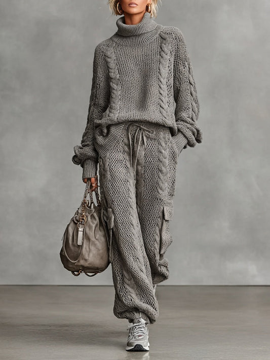 Lorena | Conjunto de Punto de Cable Mujer Jersey Cuello Alto y Pantalón Cargo