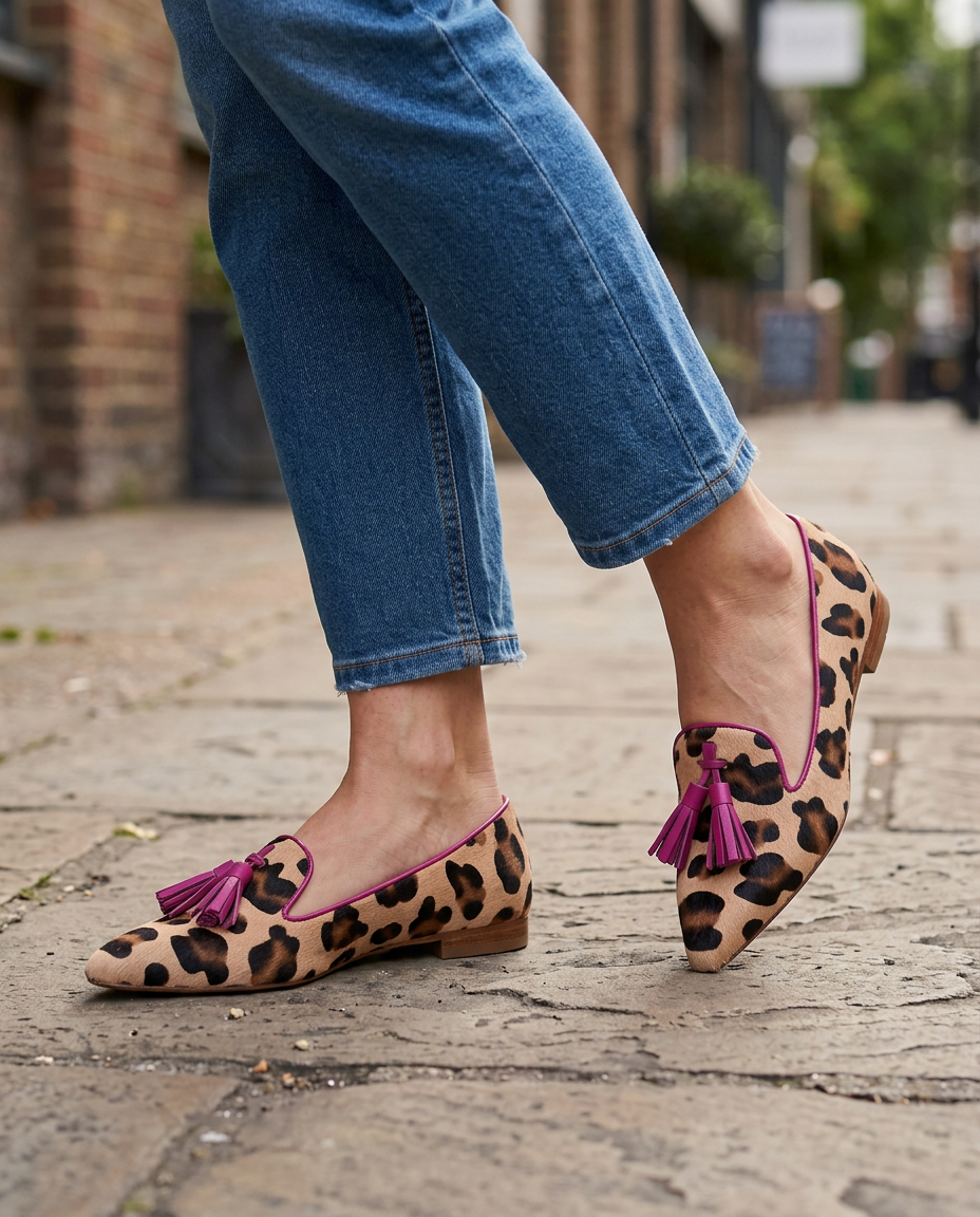 Gloria | Mocasines de Punta Fina con Estampado de Leopardo y Borlas Fucsia
