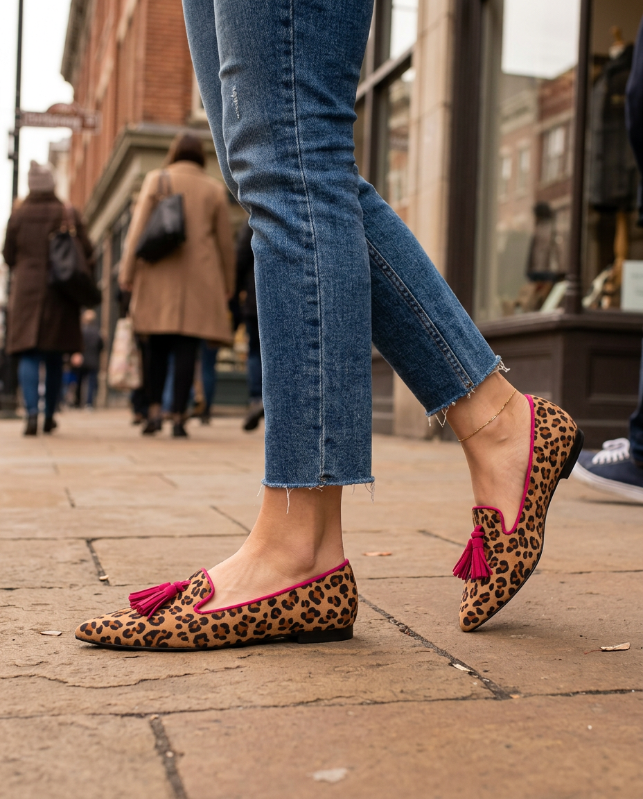 Wendy | Mocasines Efecto Ante con Estampado de Leopardo y Borlas Fucsia