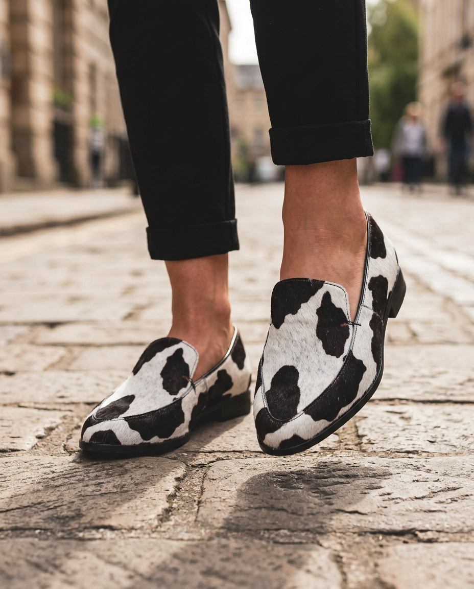 Pilar | Mocasines de Punta Fina con Estampado de Vaca y Suela Roja