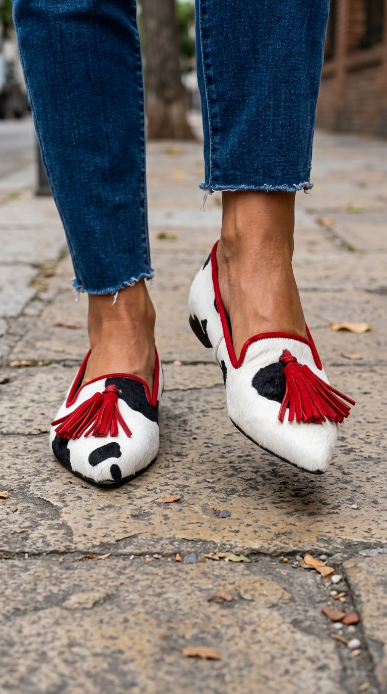 Violeta | Mocasines de Punta Fina con Estampado de Vaca y Borlas Rojas