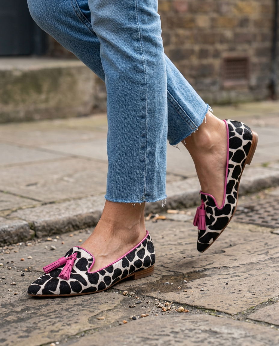 Ximena | Mocasines de Punta Fina con Estampado de Vaca y Borlas Rosas