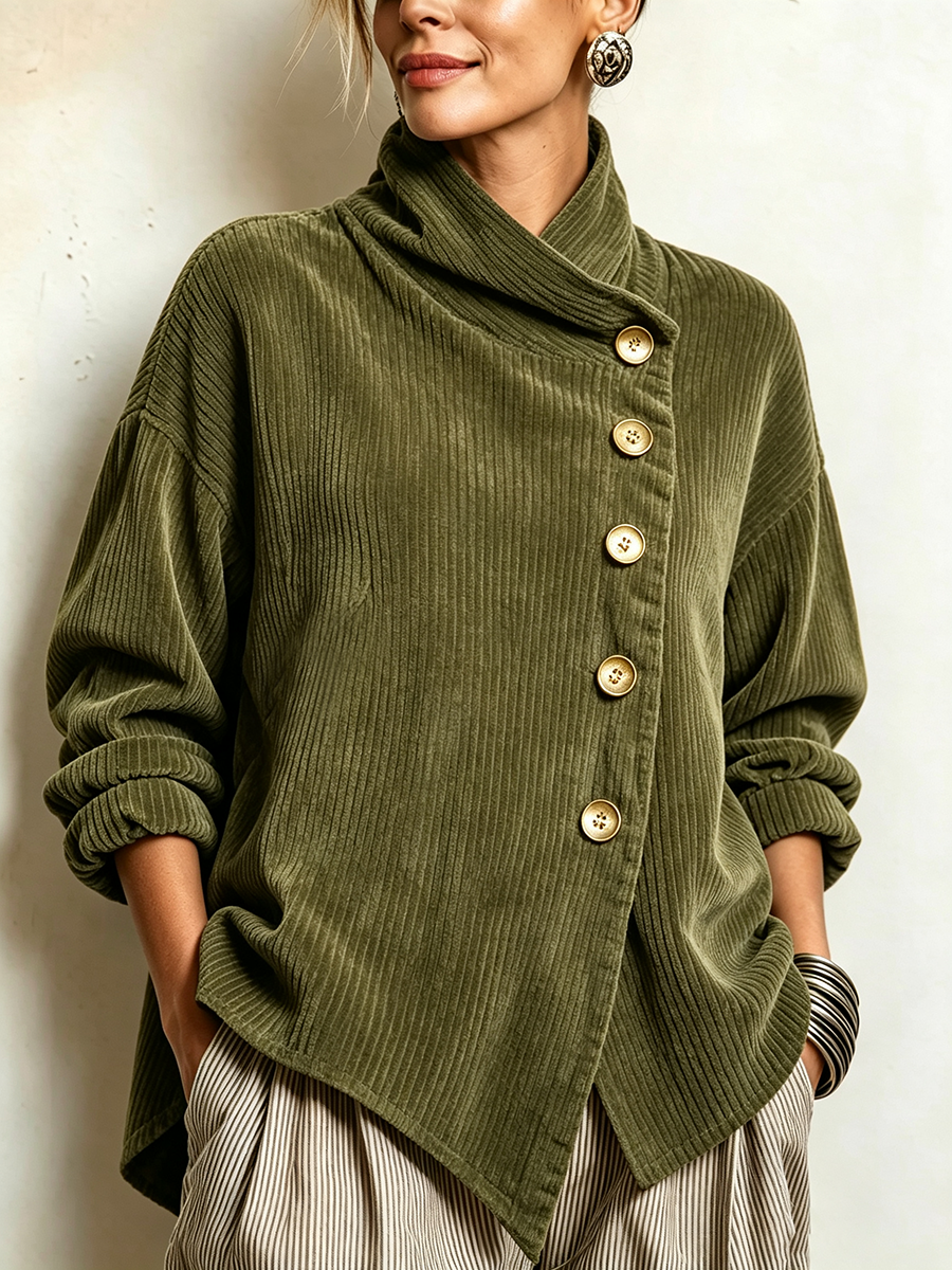 Lucilla | Top de Pana con Botonadura Diagonal, Verde Oliva