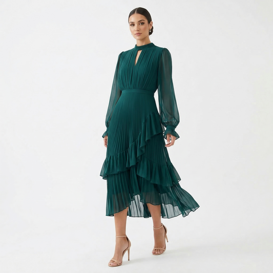 Samanta | Vestido Midi Plisado con Volantes Mujer Cuello Alto