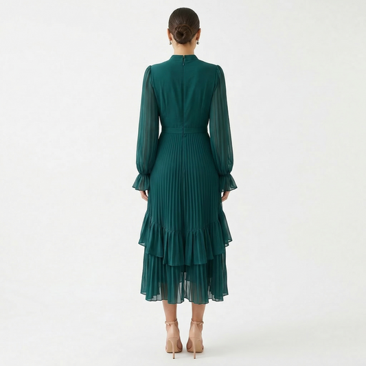 Samanta | Vestido Midi Plisado con Volantes Mujer Cuello Alto