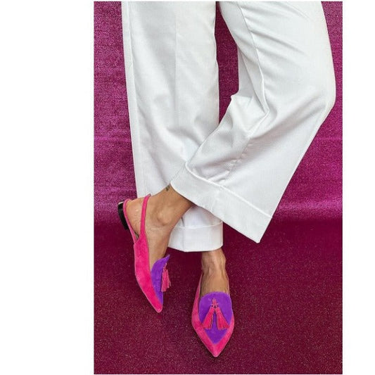 Mercedes | Zapatos Slingback Planos en Fucsia y Morado con Borlas