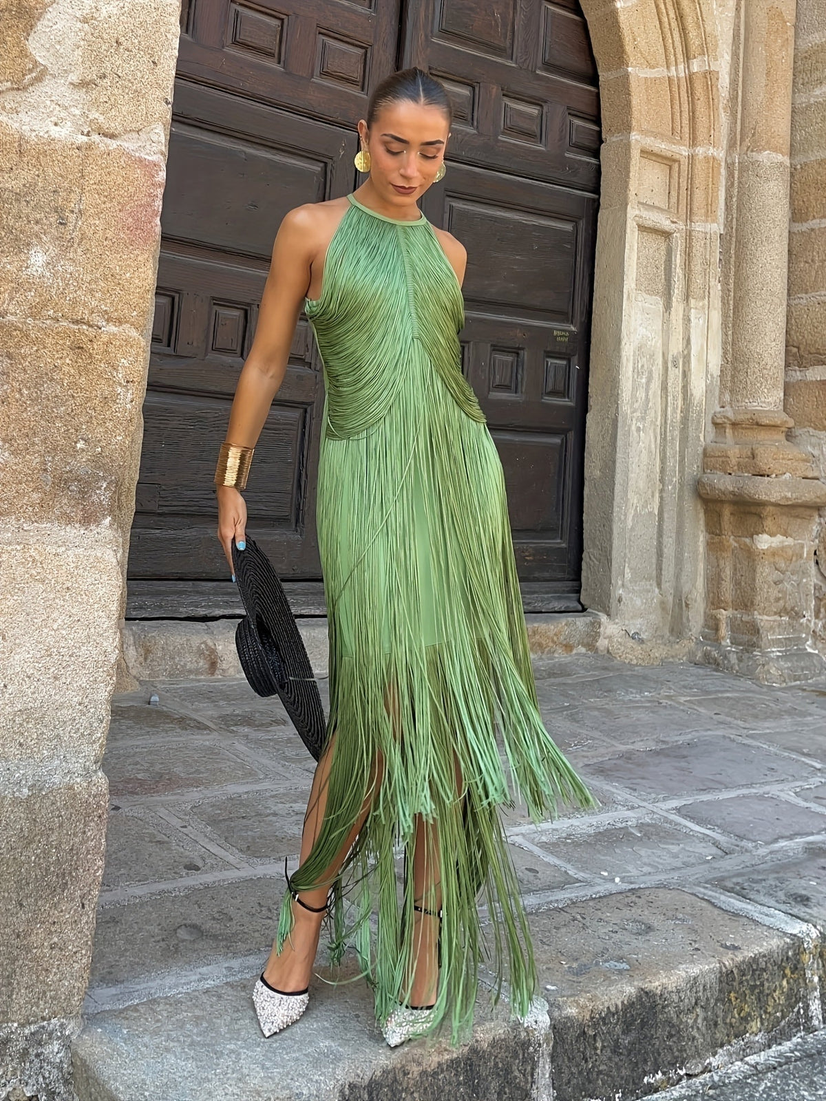 Irma | Vestido de Fiesta Largo con Flecos Mujer Cuello Halter