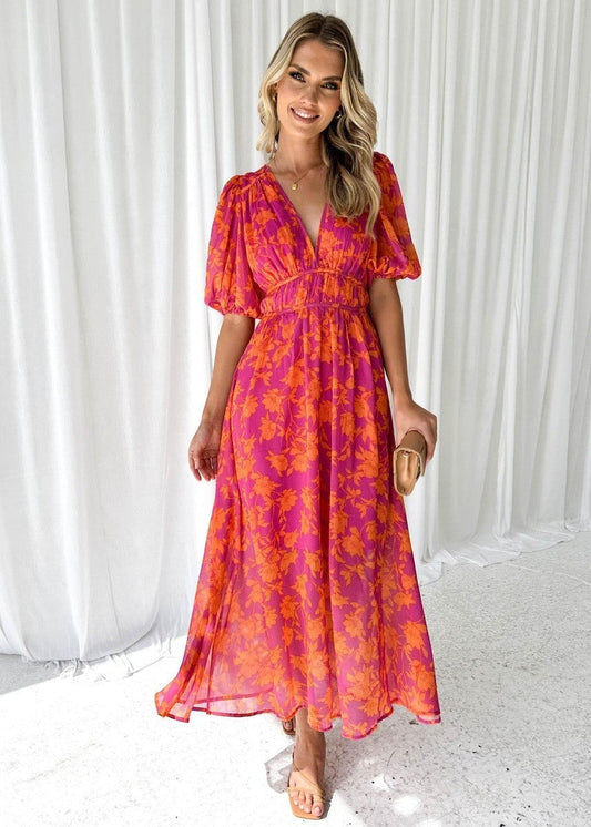 Herminia | Vestido Largo de Invitada de Boda Estampado Mujer Escote V