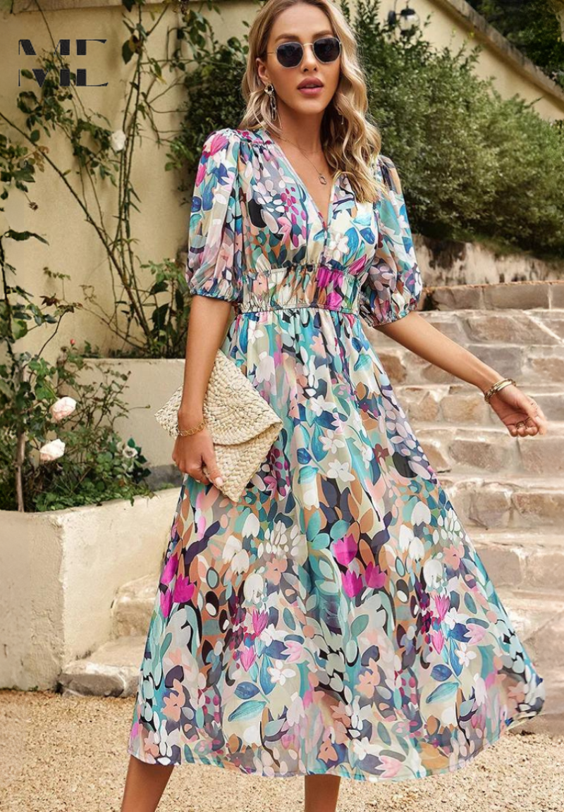 Aroa | Vestido Midi de Invitada Estampado Floral Mujer Escote V
