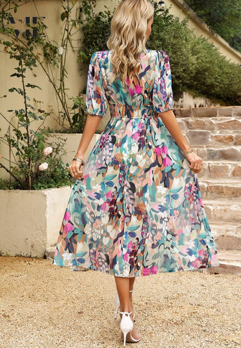 Aroa | Vestido Midi de Invitada Estampado Floral Mujer Escote V