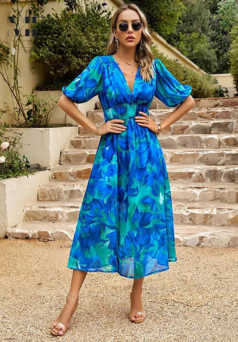 Aroa | Vestido Midi de Invitada Estampado Floral Mujer Escote V